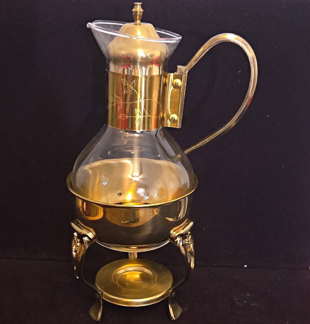 VTG Princess House Heritage Brass Glass Coffee Tea Carafe Pitcher Warmer 447 Set